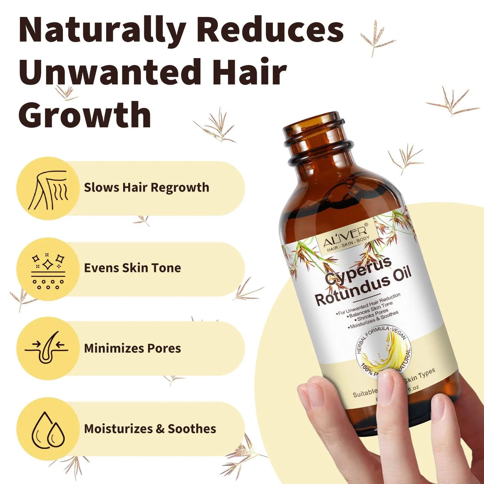 100% Pure Cyperus Rotundus Oil for Hair Removal. Moisturizes, Soothes, Reduces Unwanted Hair. for All Skin Types. 2.02 Fl Oz