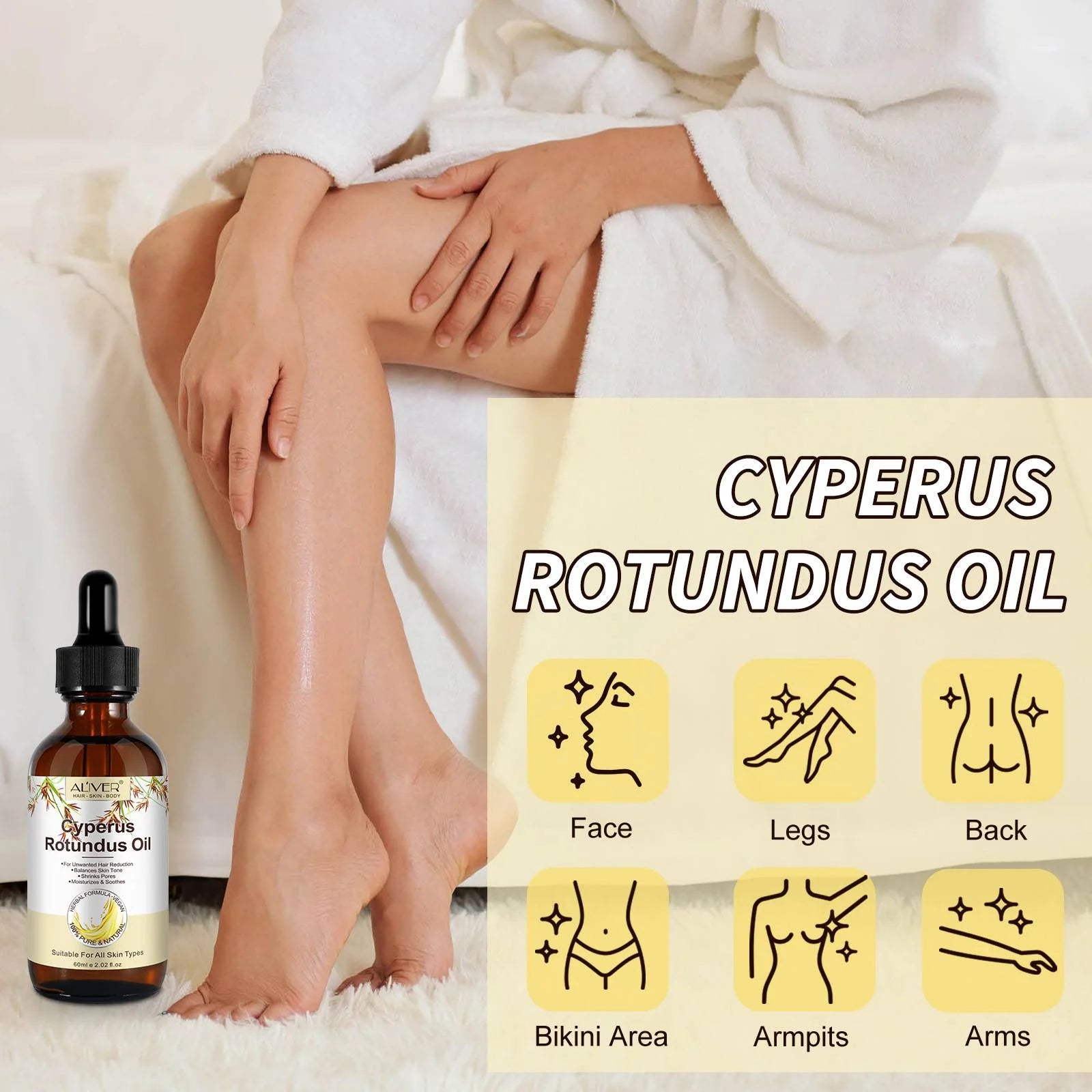 100% Pure Cyperus Rotundus Oil for Hair Removal. Moisturizes, Soothes, Reduces Unwanted Hair. for All Skin Types. 2.02 Fl Oz